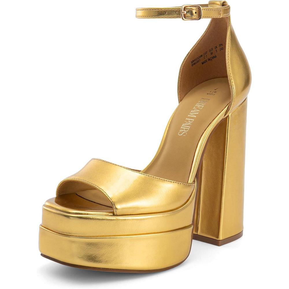 imageDREAM PAIRS High Heels Chunky Block Platform Heels for Women Ankle Strap Sexy Open Square Toe Heels Dressy Pumps SandalsGold