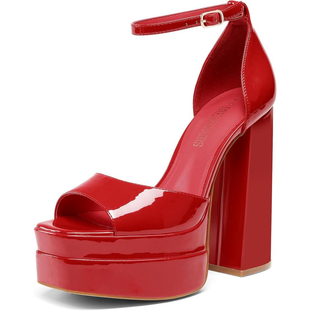 imageDREAM PAIRS High Heels Chunky Block Platform Heels for Women Ankle Strap Sexy Open Square Toe Heels Dressy Pumps SandalsRedpat