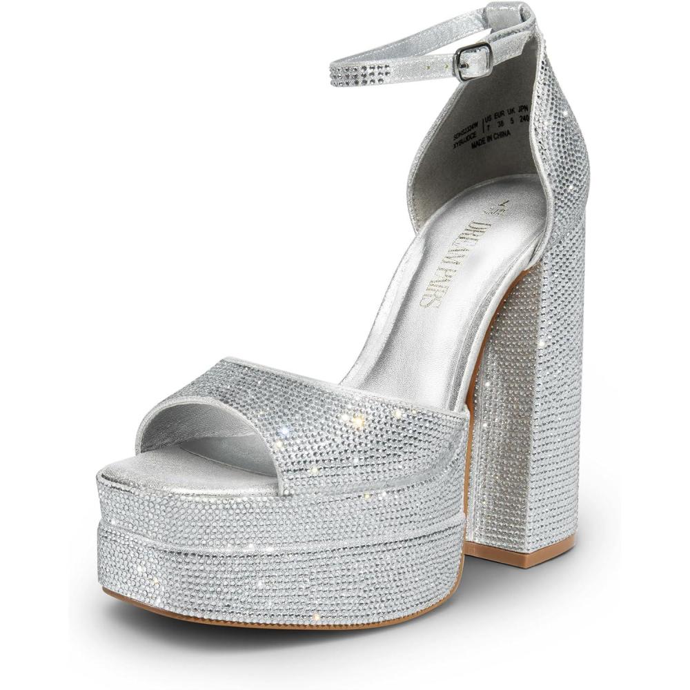 imageDREAM PAIRS High Heels Chunky Block Platform Heels for Women Ankle Strap Sexy Open Square Toe Heels Dressy Pumps SandalsSilverrhinestone