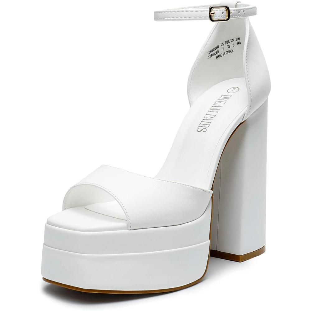 imageDREAM PAIRS High Heels Chunky Block Platform Heels for Women Ankle Strap Sexy Open Square Toe Heels Dressy Pumps SandalsWhite