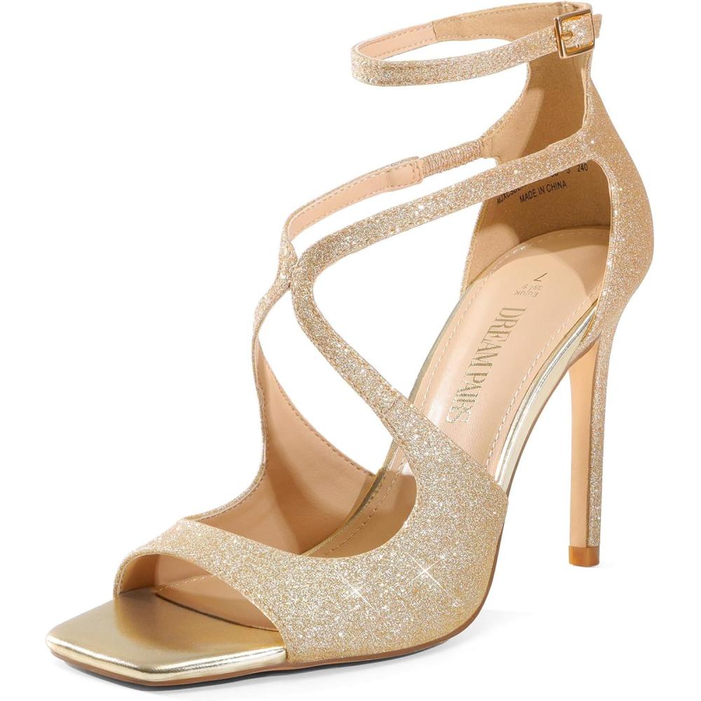imageDREAM PAIRS Womens High Heels Sexy Cross Square Open Toe Strappy Dressy Sexy Stylish Stilettos Heels SandalsGoldglitter