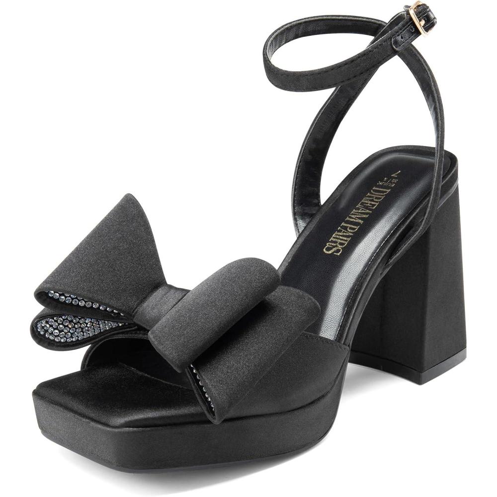 imageDREAM PAIRS Womens Platform Chunky Heels Fashion Bowknots High Block Square Toe Dress Sandals for Wedding Bridal PartyBlacksatin