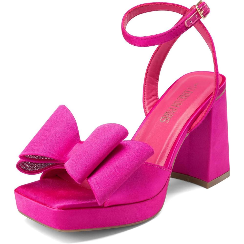 imageDREAM PAIRS Womens Platform Chunky Heels Fashion Bowknots High Block Square Toe Dress Sandals for Wedding Bridal PartyHot Pinksatin