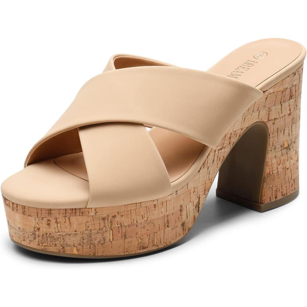 imageDREAM PAIRS Womens Platform Heels Open Toe Slip on Heels for Women High Chunky Block Wedges Sandals Dressy Pumps ShoesNude