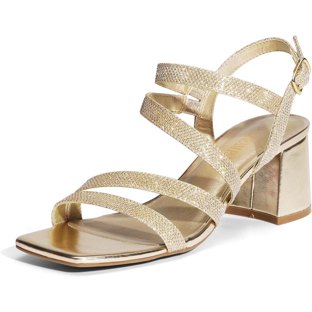 imageDREAM PAIRS Womens Strappy Chunky Heels Low Block Square Open Toe Sandals Dress Party ShoesGoldglitter