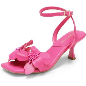 DREAM PAIRS Women’s Flower Wedding Heels Cute Square Toe Slingback Low Kitten Heels Sandals with Ankle Strap(Hot Pink-pu)