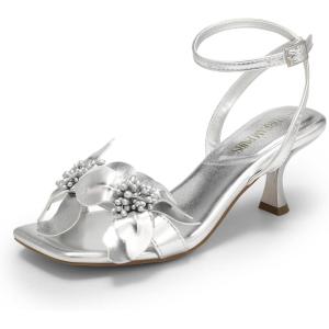 DREAM PAIRS Women’s Flower Wedding Heels Cute Square Toe Slingback Low Kitten Heels Sandals with Ankle Strap(Silver-pu)