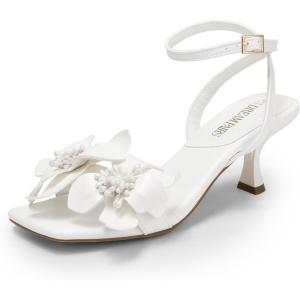 DREAM PAIRS Women’s Flower Wedding Heels Cute Square Toe Slingback Low Kitten Heels Sandals with Ankle Strap(White-pu)