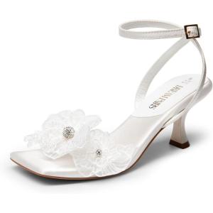 DREAM PAIRS Women’s Flower Wedding Heels Cute Square Toe Slingback Low Kitten Heels Sandals with Ankle Strap(White-satin)