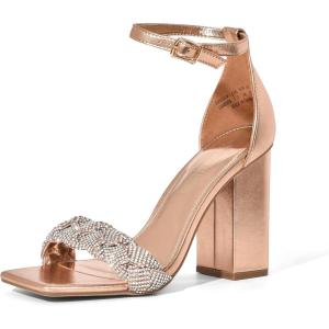 DREAM PAIRS Women’s Heels for Women Braided Open Toe Ankle Strap High Block Chunky Heel Sandals Party Wedding Dress Pumps Shoes(Rose Gold-rhinestone)