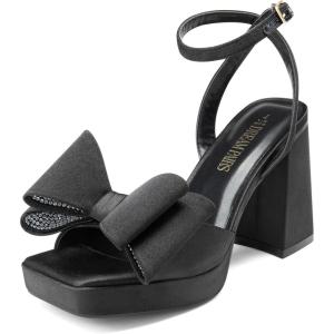 DREAM PAIRS Women’s Platform Chunky Heels Fashion Bowknots High Block Square Toe Dress Sandals for Wedding Bridal Party(Black-satin)