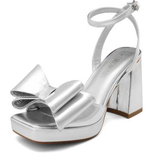 DREAM PAIRS Women’s Platform Chunky Heels Fashion Bowknots High Block Square Toe Dress Sandals for Wedding Bridal Party(Silver-pu)