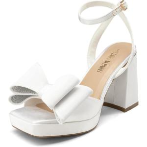 DREAM PAIRS Women’s Platform Chunky Heels Fashion Bowknots High Block Square Toe Dress Sandals for Wedding Bridal Party(White-satin)