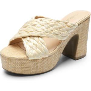 DREAM PAIRS Women’s Platform Heels Open Toe Slip on Heels for Women High Chunky Block Wedges Sandals Dressy Pumps Shoes(Nude-woven)