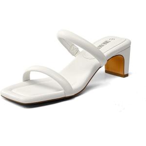 DREAM PAIRS Women’s Square Toe Heels for Women Two Strap Open Toe Low Block Chunky Heels Sandals Dress Pumps Shoes(White)