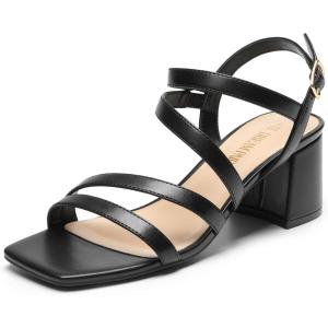 DREAM PAIRS Women’s Strappy Chunky Heels Low Block Square Open Toe Sandals Dress Party Shoes(Black-pu)
