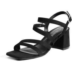 DREAM PAIRS Women’s Strappy Chunky Heels Low Block Square Open Toe Sandals Dress Party Shoes(Black-suede)
