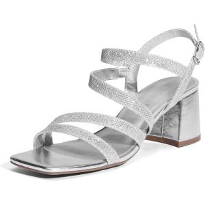DREAM PAIRS Women’s Strappy Chunky Heels Low Block Square Open Toe Sandals Dress Party Shoes(Silver-glitter)