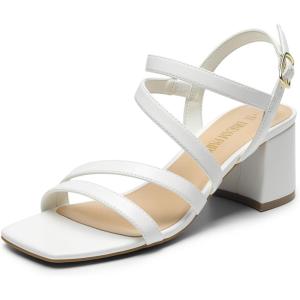 DREAM PAIRS Women’s Strappy Chunky Heels Low Block Square Open Toe Sandals Dress Party Shoes(White-pu)