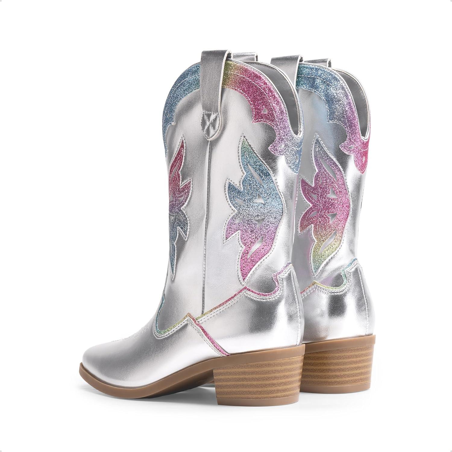 imageDREAM PAIRS Girls Cowgirl Cowboy Boots Western Fashion Mid Calf BootsSilver