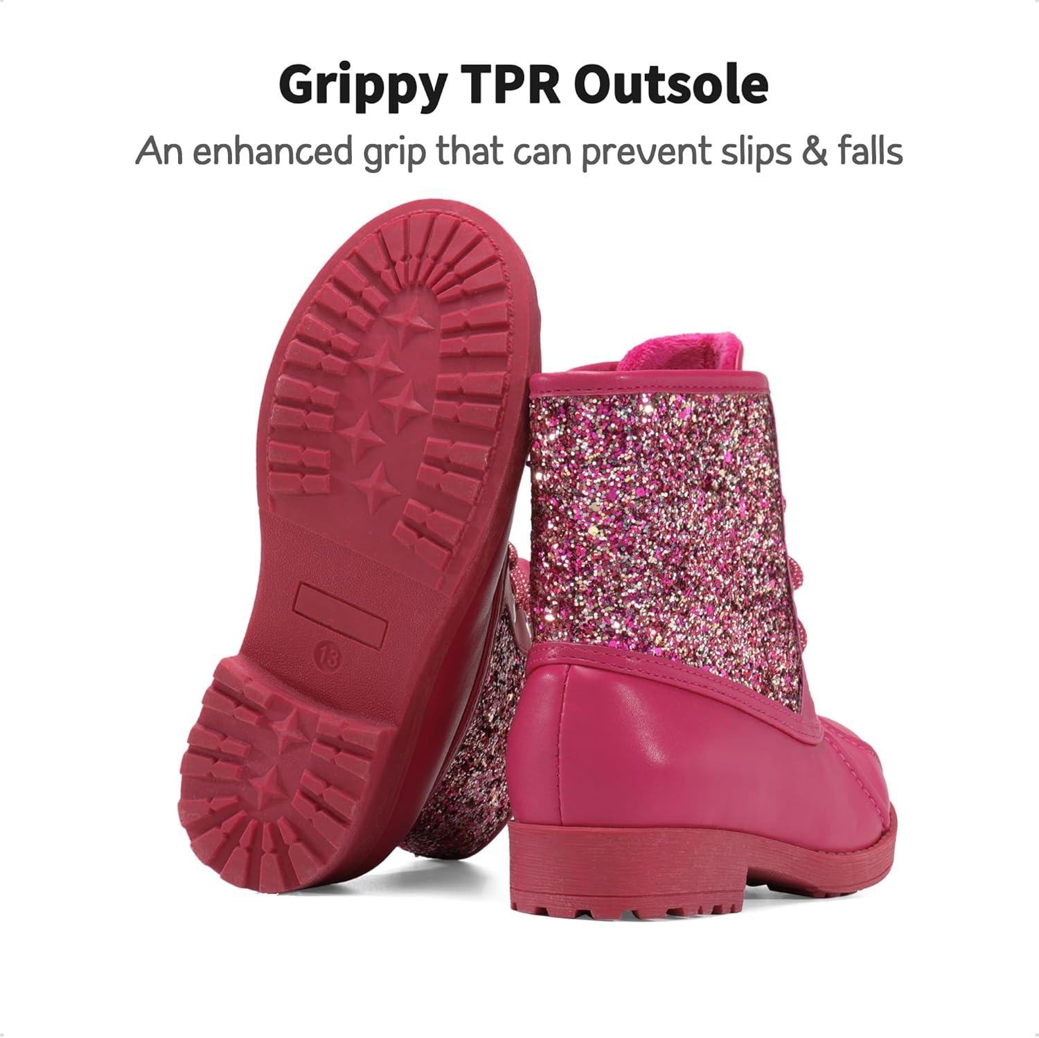 imageDREAM PAIRS Girls Glitter Ankle Boots Warm and Soft Velvet Lining with Side Zipper for ToddlerLittle KidBig KidFuchsia