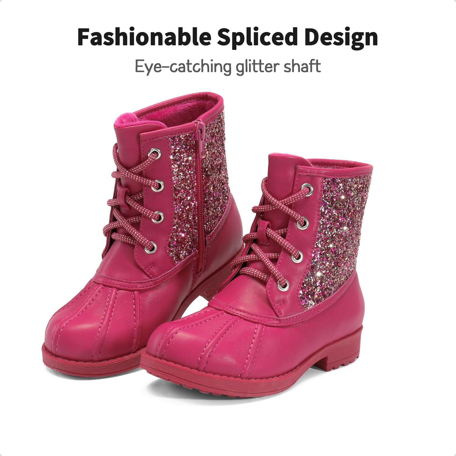 imageDREAM PAIRS Girls Glitter Ankle Boots Warm and Soft Velvet Lining with Side Zipper for ToddlerLittle KidBig KidFuchsia