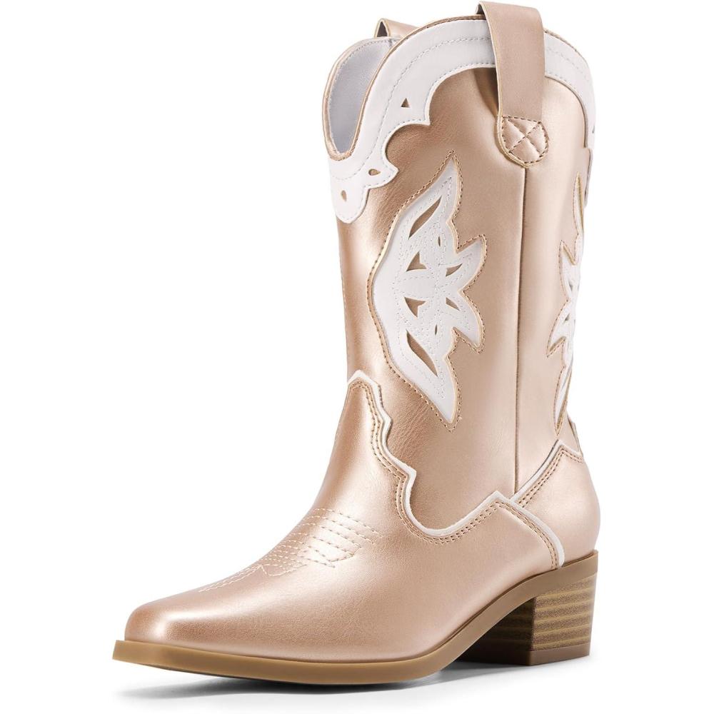 imageDREAM PAIRS Girls Cowgirl Cowboy Boots Western Fashion Mid Calf BootsRose Gold