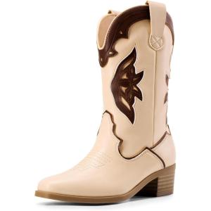 DREAM PAIRS Girls Cowgirl Cowboy Boots Western Fashion Mid Calf Boots(Khaki/Brown)