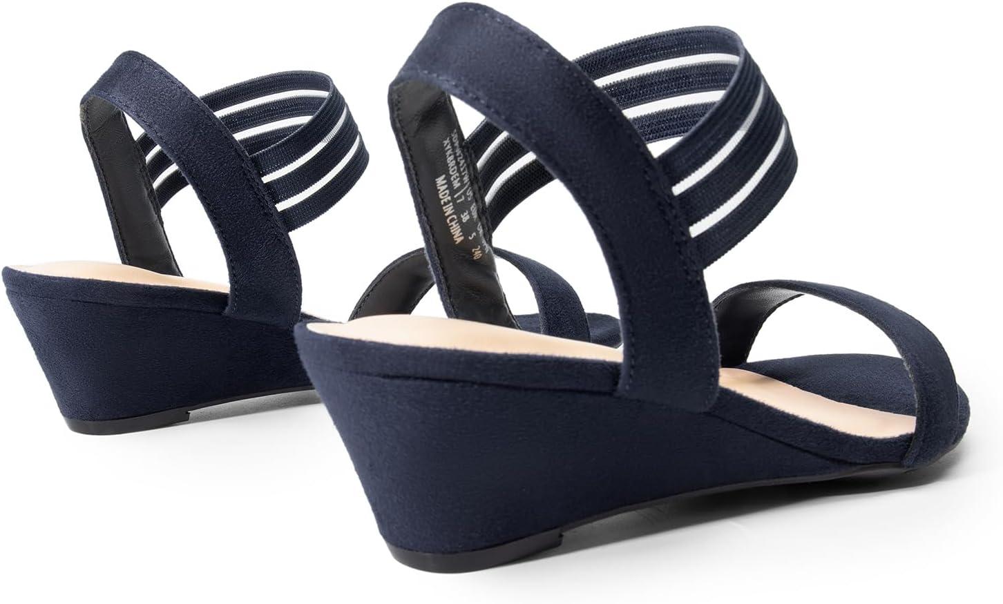 imageDREAM PAIRS Womens Low Heel Wedge Sandals Comfortable SlipOn Elastic Ankle Strap Summer Business Casual Dress ShoesNavysuede