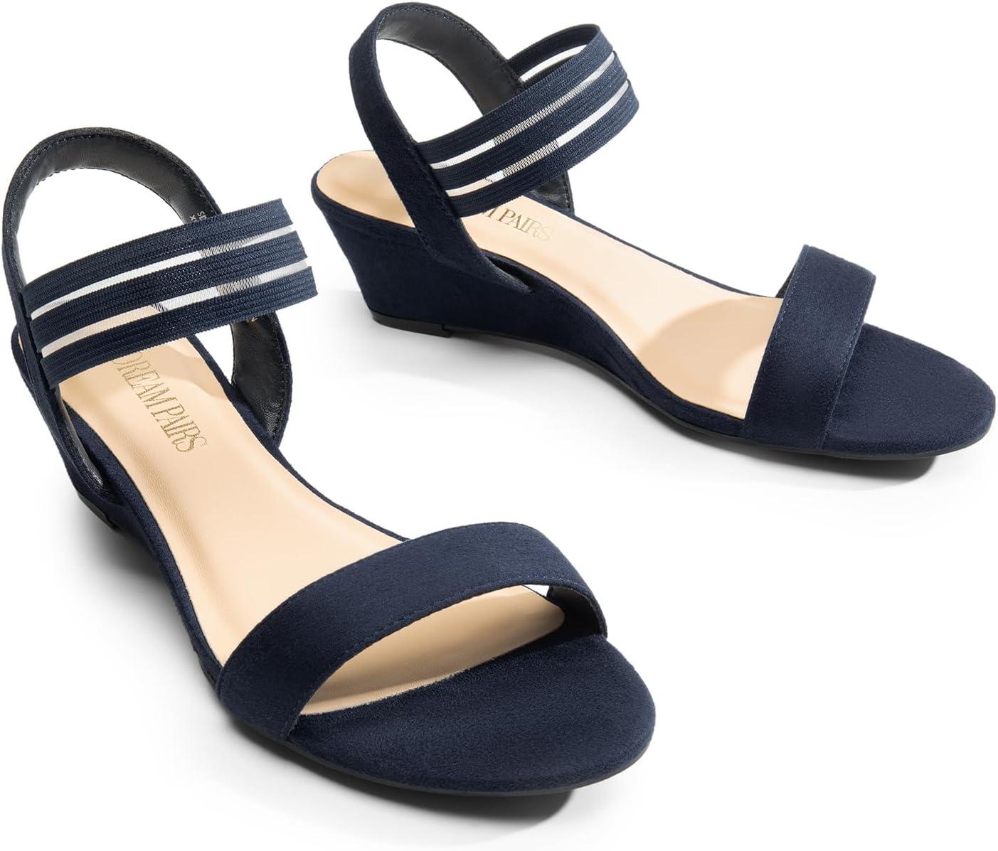 imageDREAM PAIRS Womens Low Heel Wedge Sandals Comfortable SlipOn Elastic Ankle Strap Summer Business Casual Dress ShoesNavysuede