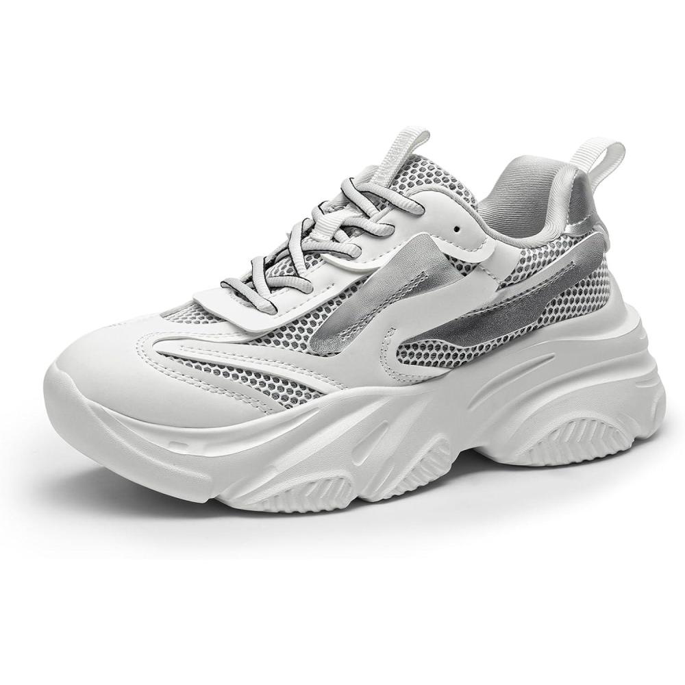imageDREAM PAIRS Womens Platform Chunky Fashion Sneakers Jaxon Walking LaceUp Comfortable Dad Sneakers Workout Sport Work Casual Tennis ShoesWhiteSilver
