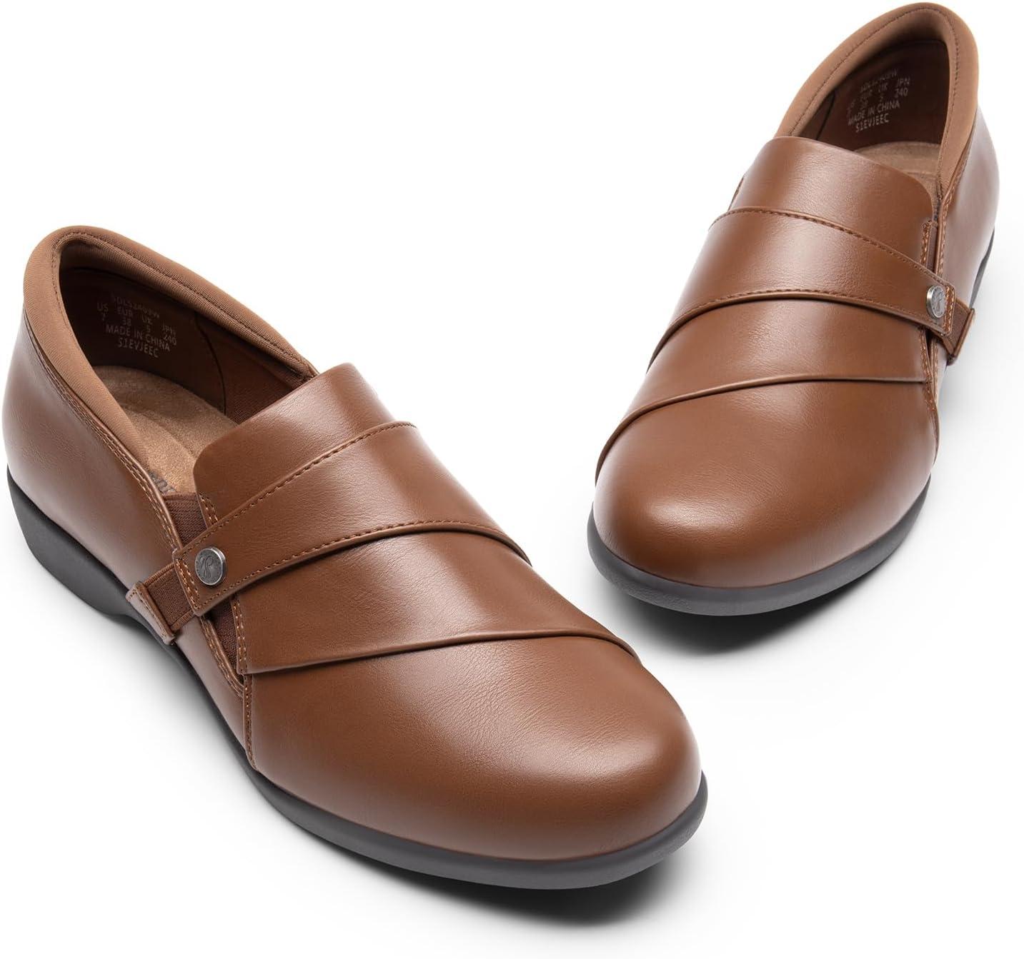 imageDREAM PAIRS Loafer for Women Slipon Comfortable Dressy Loafers Business Casual Work Office Loafer Shoes Faux Leather Round Toe with Arch SupportTan