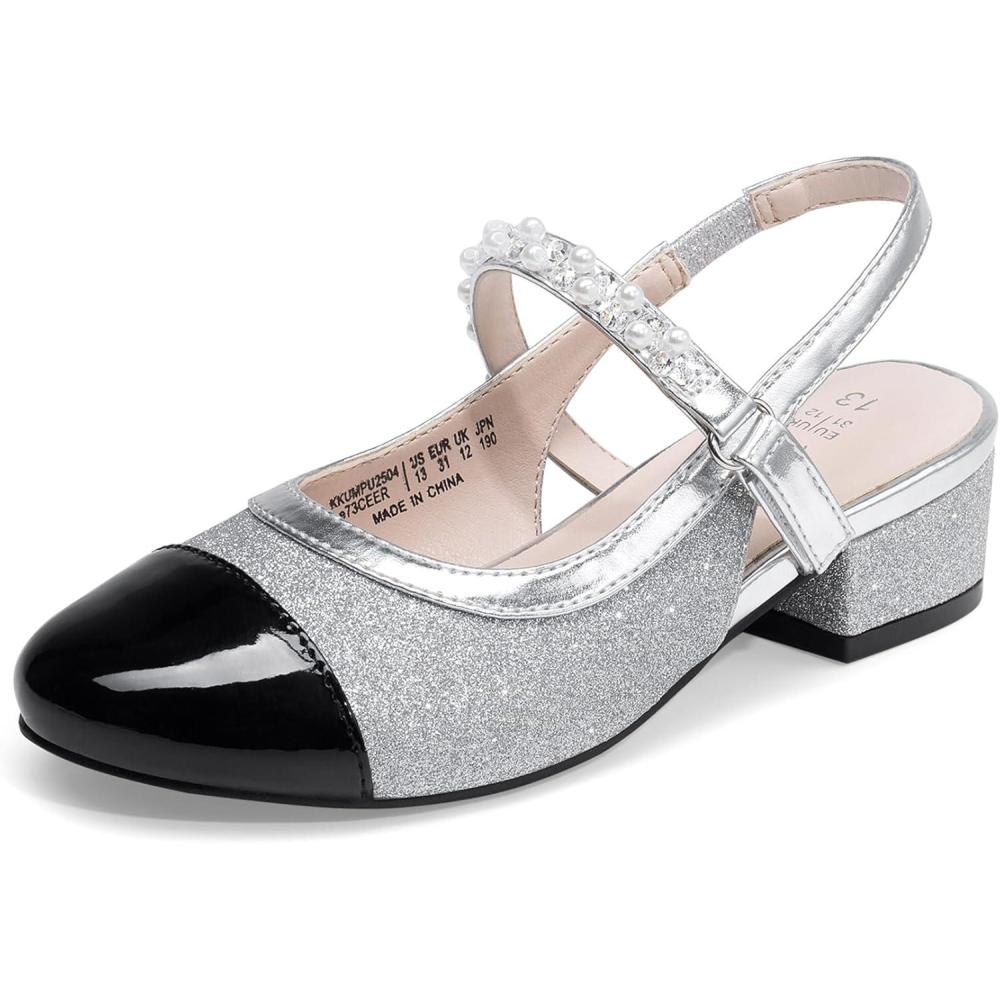 imageDREAM PAIRS Girls Dress Shoes Slingback Heels Round Toe Pump for Little Big Kids Flower Party Wedding PrincessSilverBlack