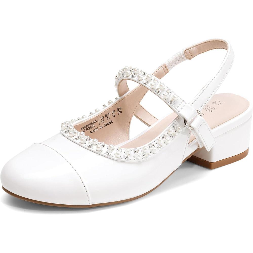 imageDREAM PAIRS Girls Dress Shoes Slingback Heels Round Toe Pump for Little Big Kids Flower Party Wedding PrincessWhitePearl