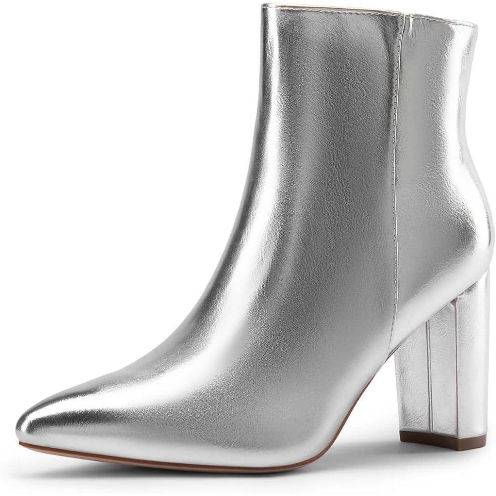 imageDREAM PAIRS Womens Chunky Heel Ankle Booties Pointed Toe Short BootsSilverpu