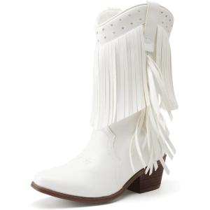 DREAM PAIRS Girls Cowboy Boots with Tassel Fringe Cowgirl Boots Kids Western Boots Stylish & Comfortable(White)