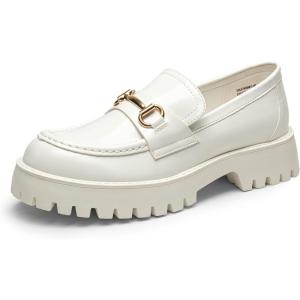 DREAM PAIRS Womens Loafers, Slip-On Platform Chunky Heel Penny Loafers for Women, Comfortable Womens Business Casual Shoes(White-pu)