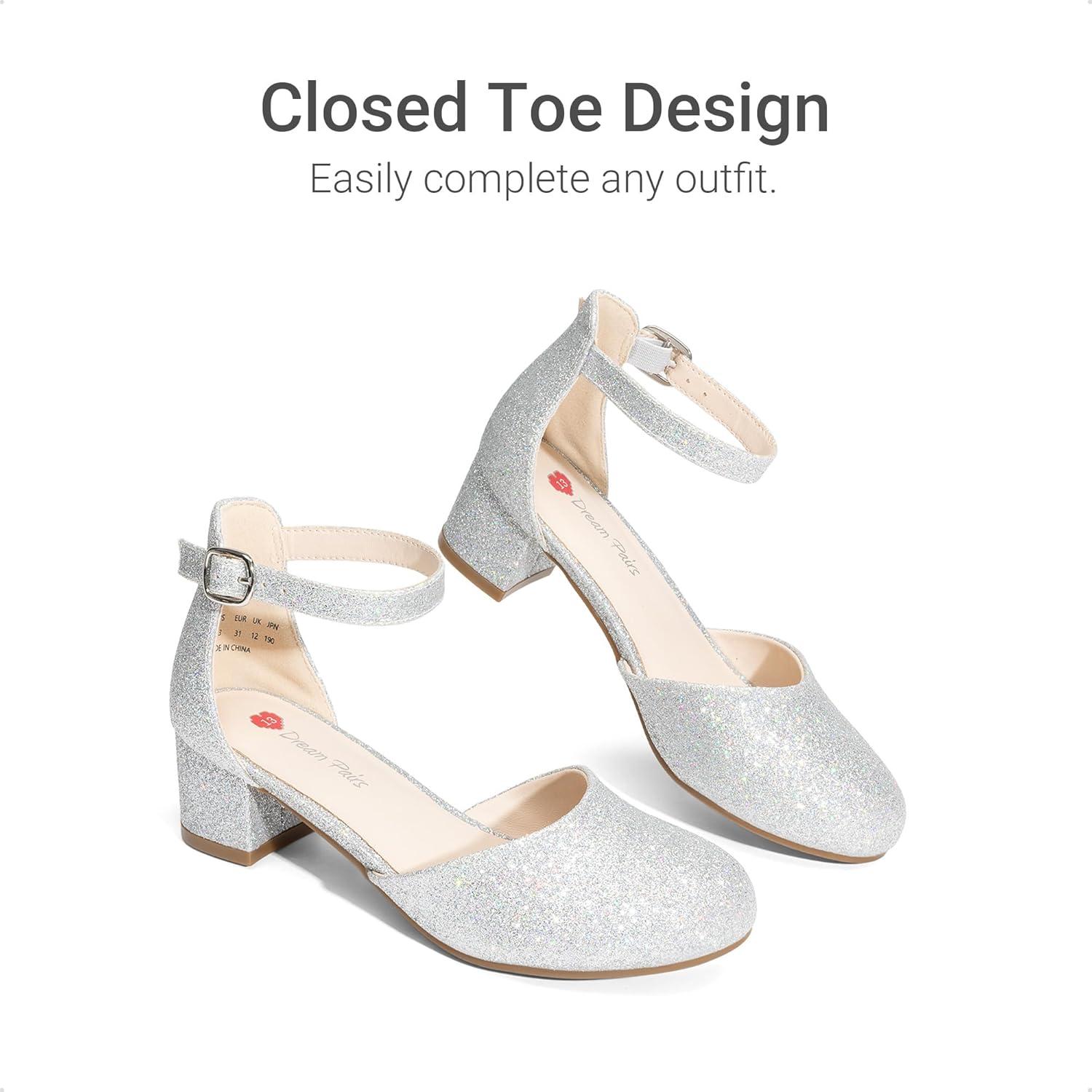 imageDREAM PAIRS Girls Dress Shoes Closed Toe High Heels Ankle Strap Toddler Little Big Kid Wedding Flower Party PumpAll Silver