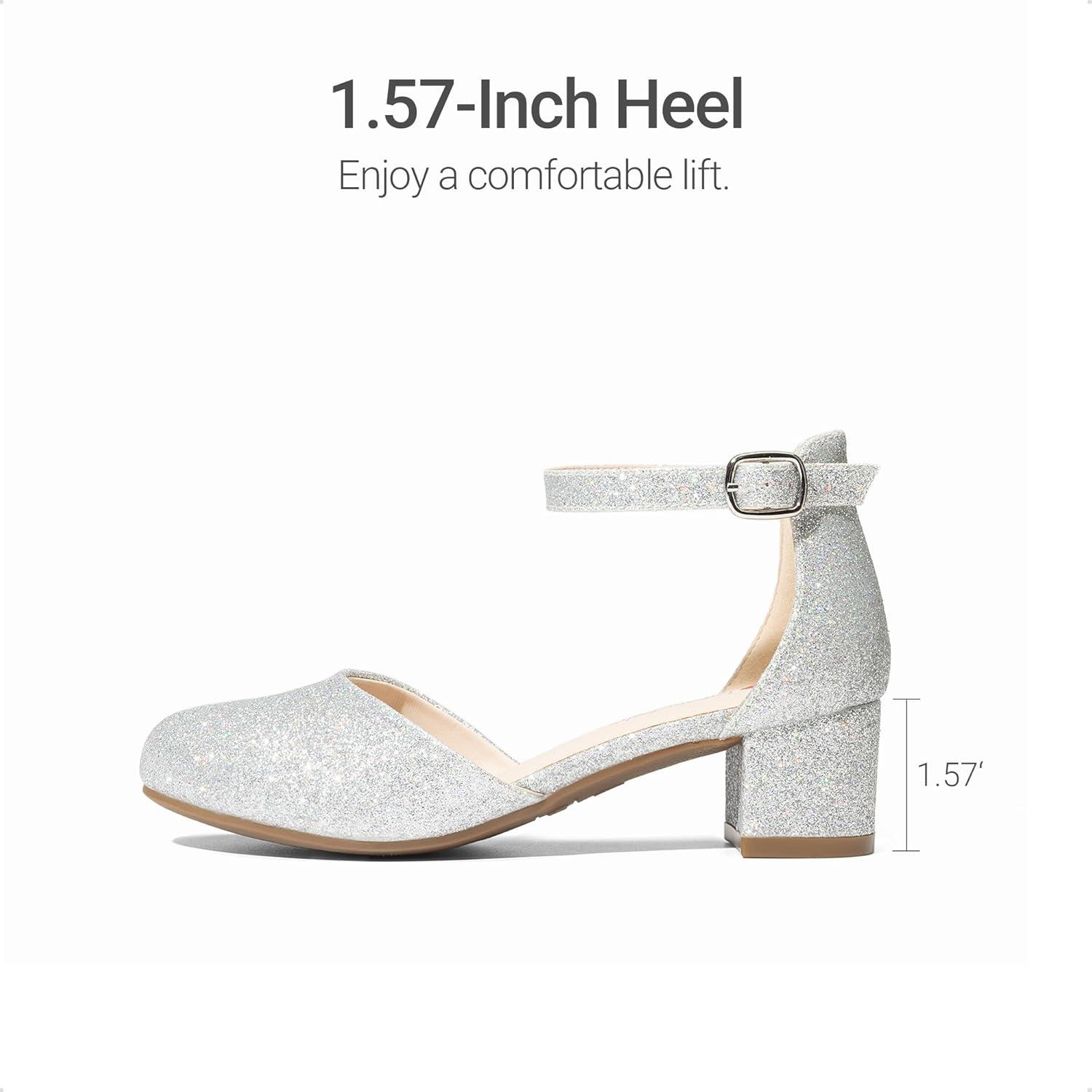 imageDREAM PAIRS Girls Dress Shoes Closed Toe High Heels Ankle Strap Toddler Little Big Kid Wedding Flower Party PumpAll Silver