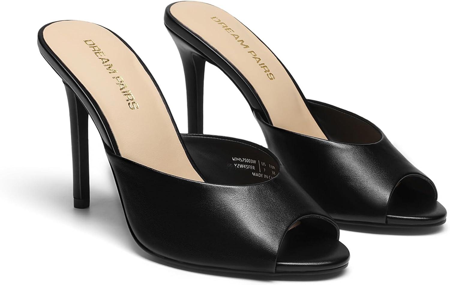 imageDREAM PAIRS Mule Heels for Women High Heels Stiletto Open Round Peep Toe Mules Sandals Slip on Dress Shoes Sexy Heeled for Party Dressy Prom WeddingBlackpu