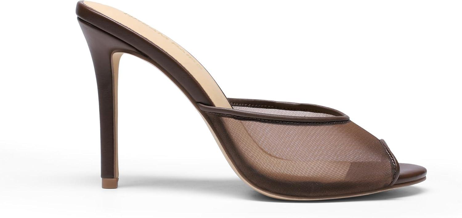 imageDREAM PAIRS Mule Heels for Women High Heels Stiletto Open Round Peep Toe Mules Sandals Slip on Dress Shoes Sexy Heeled for Party Dressy Prom WeddingBrown