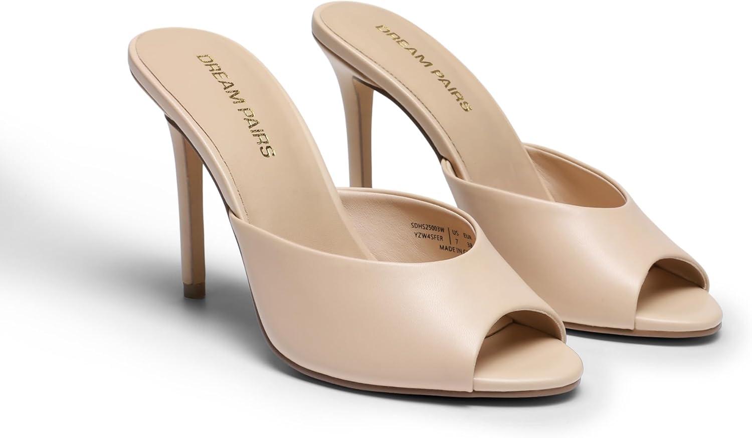 imageDREAM PAIRS Mule Heels for Women High Heels Stiletto Open Round Peep Toe Mules Sandals Slip on Dress Shoes Sexy Heeled for Party Dressy Prom WeddingNude