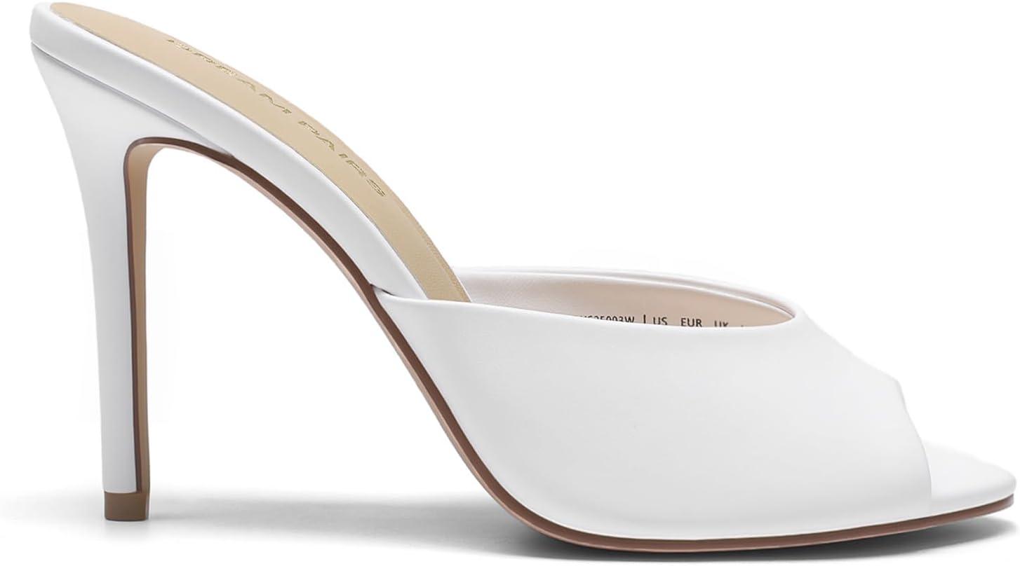 imageDREAM PAIRS Mule Heels for Women High Heels Stiletto Open Round Peep Toe Mules Sandals Slip on Dress Shoes Sexy Heeled for Party Dressy Prom WeddingWhite