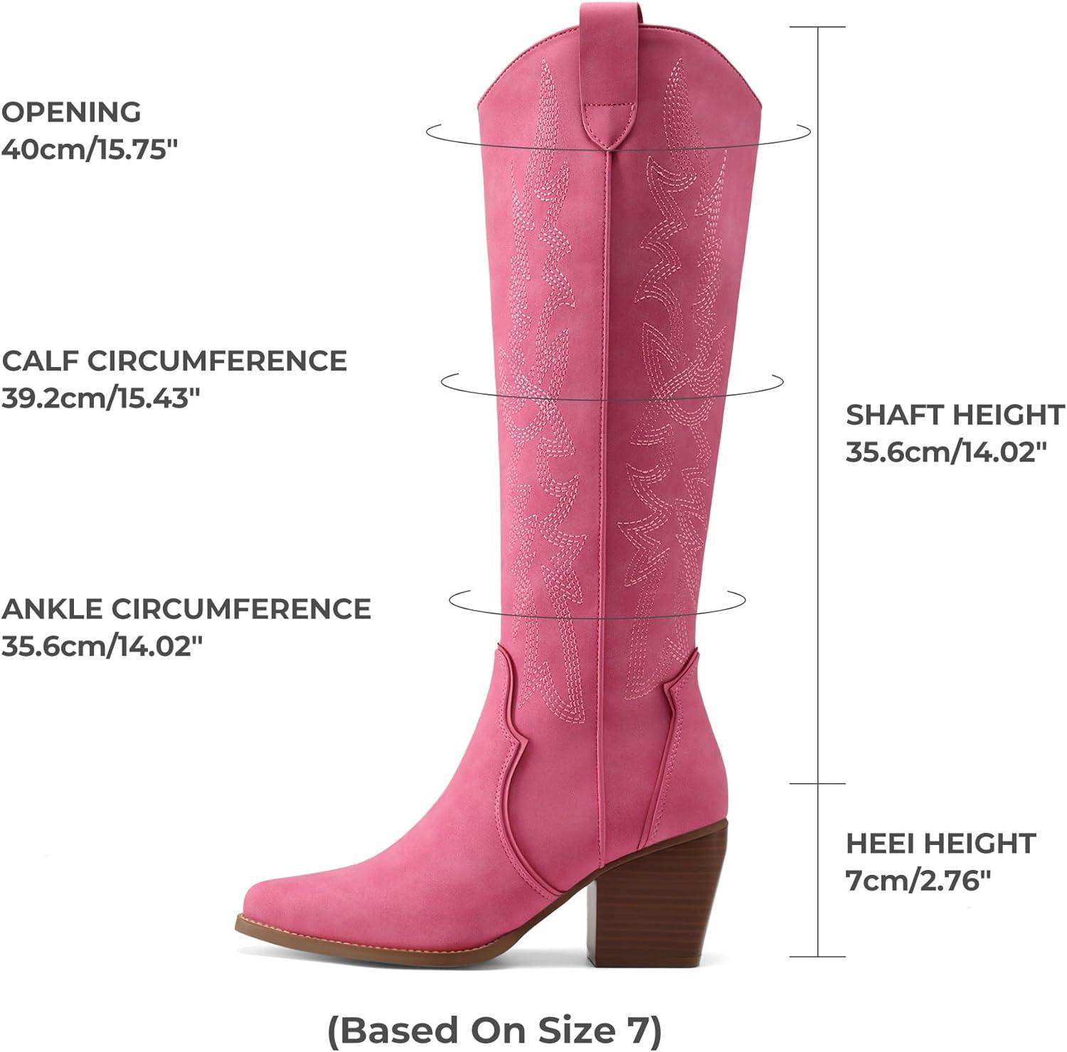 imageDREAM PAIRS Womens Cowboy Boots Wide Calf Comfortable Pull On Zipper Chunky Heel Pointed Toe Embroidered Western Cowgirl Knee High Boots Ladies Retro Tall BootHot Pink