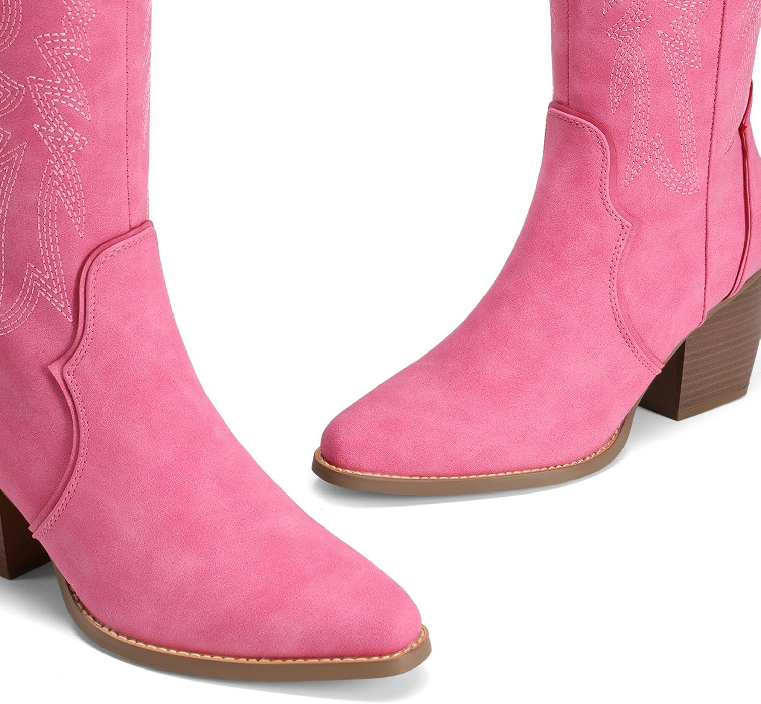 imageDREAM PAIRS Womens Cowboy Boots Wide Calf Comfortable Pull On Zipper Chunky Heel Pointed Toe Embroidered Western Cowgirl Knee High Boots Ladies Retro Tall BootHot Pink
