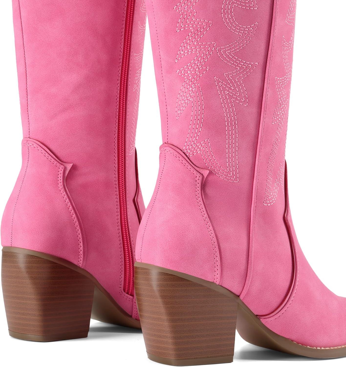 imageDREAM PAIRS Womens Cowboy Boots Wide Calf Comfortable Pull On Zipper Chunky Heel Pointed Toe Embroidered Western Cowgirl Knee High Boots Ladies Retro Tall BootHot Pink
