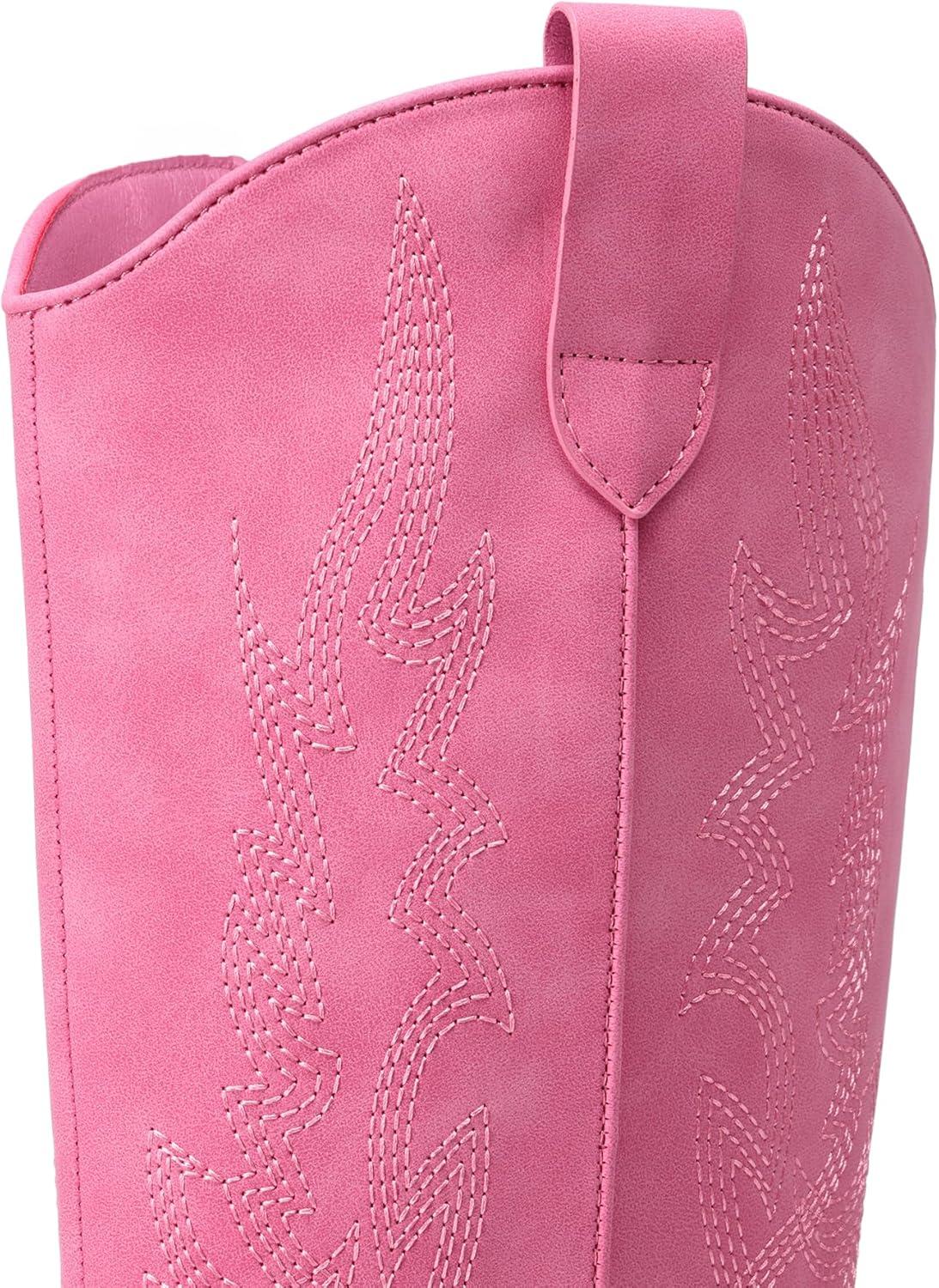 imageDREAM PAIRS Womens Cowboy Boots Wide Calf Comfortable Pull On Zipper Chunky Heel Pointed Toe Embroidered Western Cowgirl Knee High Boots Ladies Retro Tall BootHot Pink