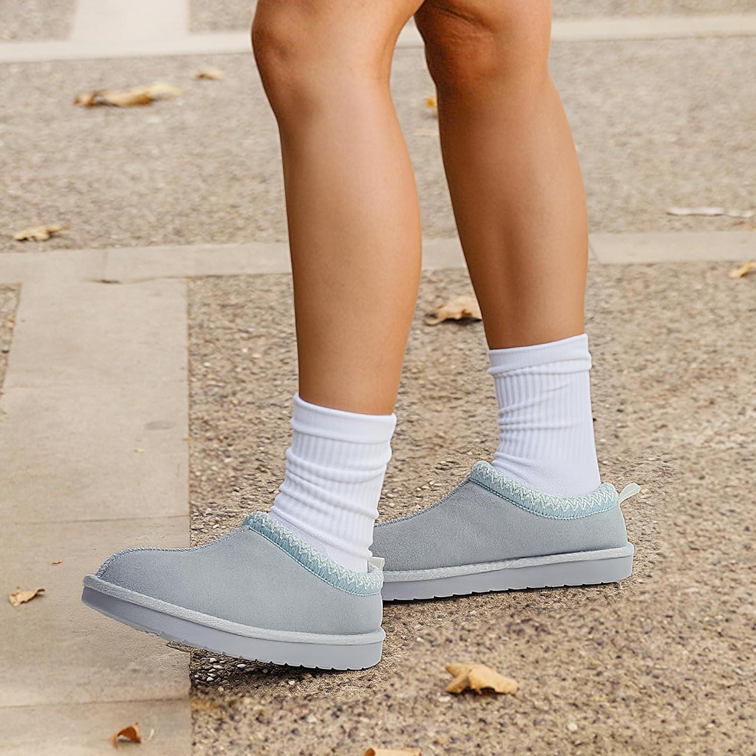 imageDREAM PAIRS Womens Fuzzy Cozy Slippers Genuine Suede Indoor Outdoor Fluffy Home Comfy Winter Slip On Cute Warm Memory Foam Furry Shoes FuzzyEasyLight Blue