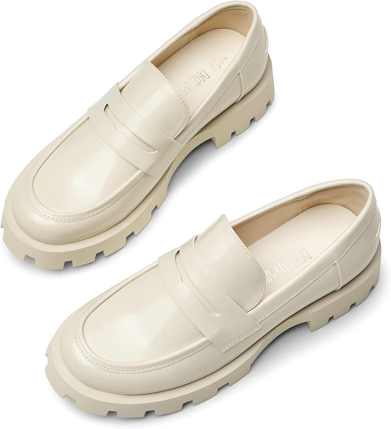 imageDREAM PAIRS Womens Loafers Lug Sole Slip On Platform Chunky Penny Loafers for Women Dressy and Work Business Casual Shoes for WomenBeigepat