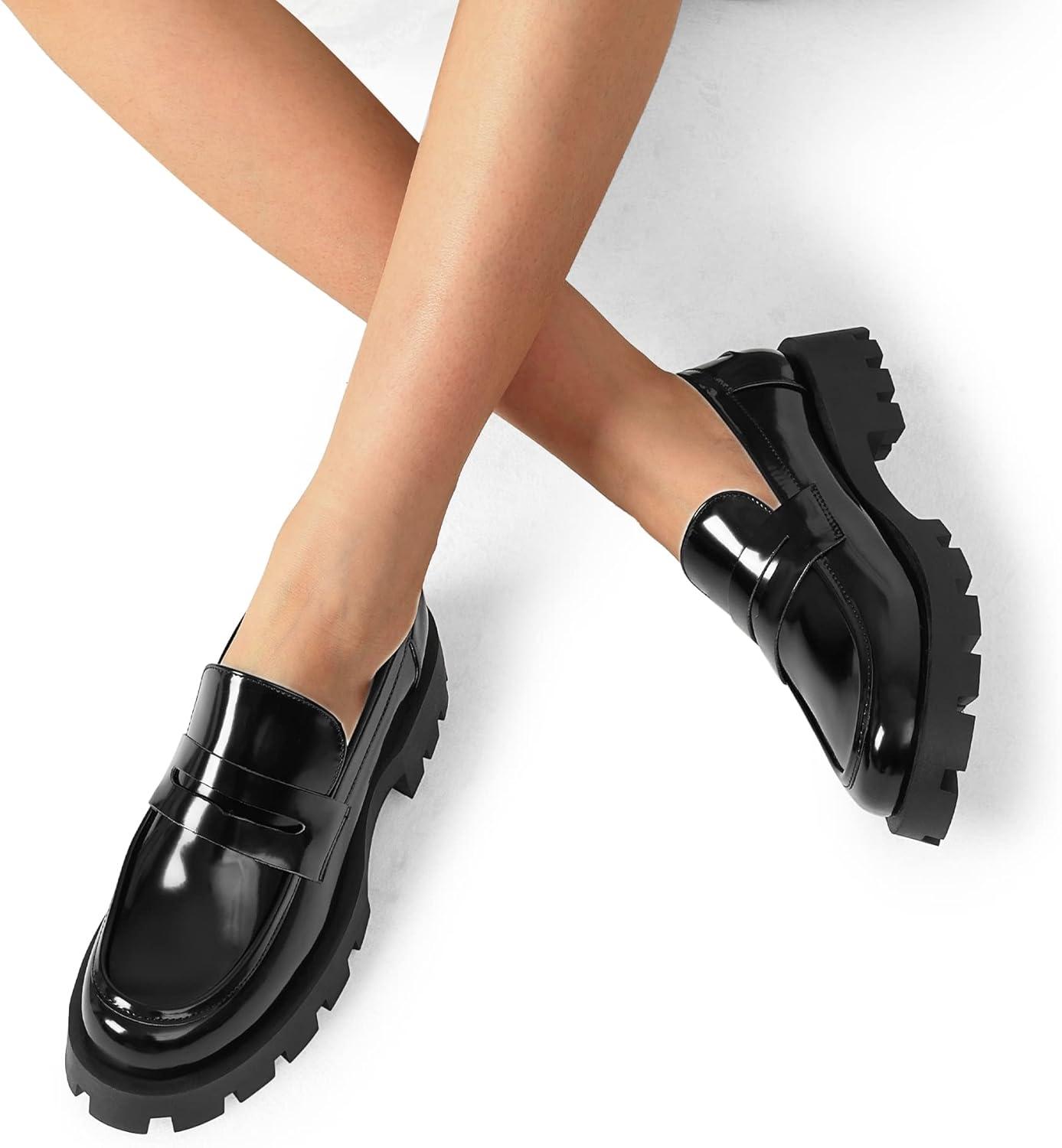 imageDREAM PAIRS Womens Loafers Lug Sole Slip On Platform Chunky Penny Loafers for Women Dressy and Work Business Casual Shoes for WomenBlackpat